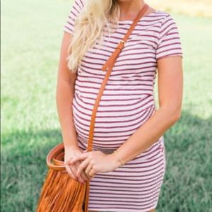 Burgundy Striped Fitted Maternity Dress